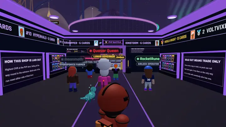 Members browsing the card shop's lit racks in the 3D world