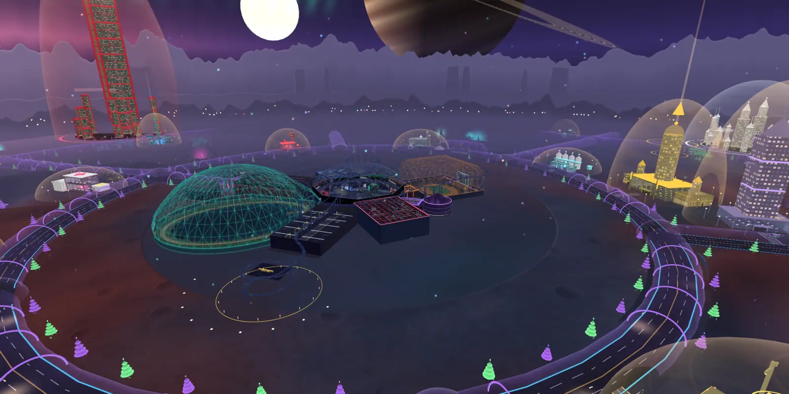 The colony from high above: the hub's glass venues in the centre, a ring road of tunnels around it, and members' domed towers, a governor's citadel and work stations across the moon