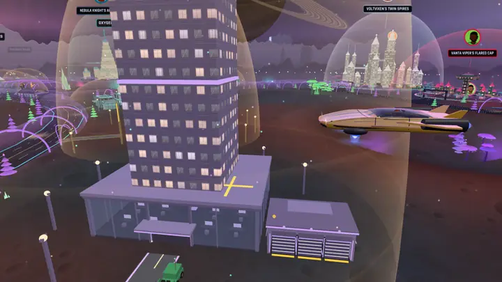 A gold flying car passing a member's tower inside a dome