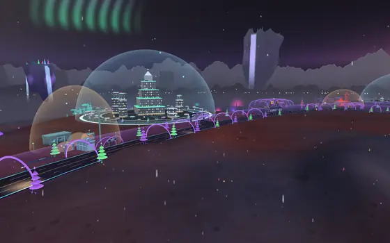 A glass dome with a small city inside, on the moon's surface