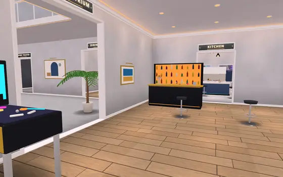 Inside a furnished home: a bar lounge, kitchen and a window looking out