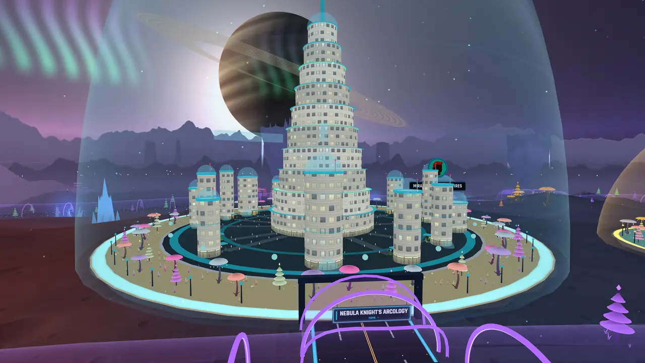 A member's lattice tower of white blocks rising inside a glass dome, with a ringed planet and the moon behind it