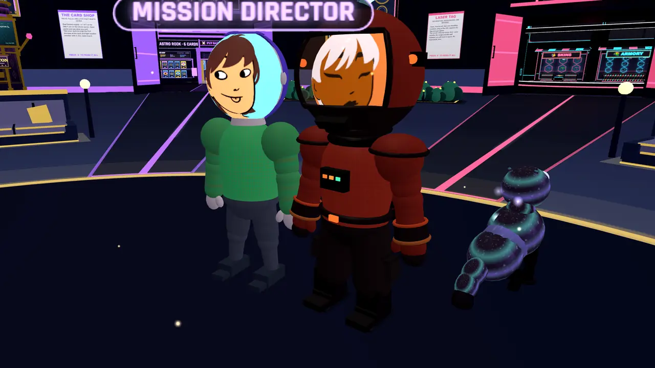 Two showcase members side by side in the courtyard, one in a green jumper and one in an astronaut suit, with a hatched companion creature standing beside them