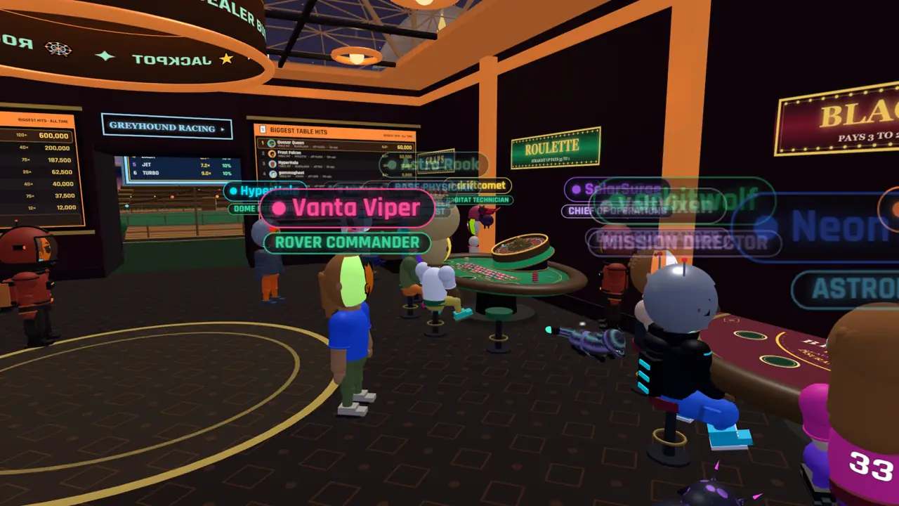 Showcase members at the roulette table with name tags, the craps table behind them