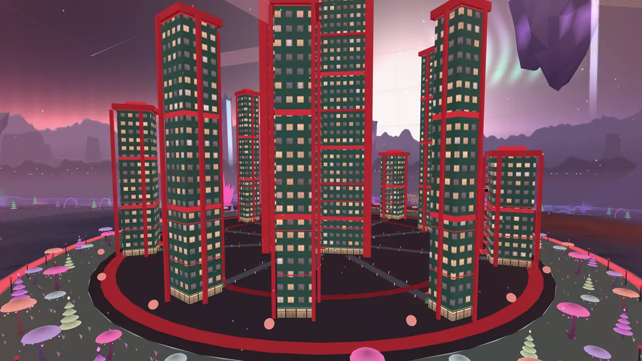 A cluster of tall red-lit towers on a circular estate: the house of the showcase server's top stock
