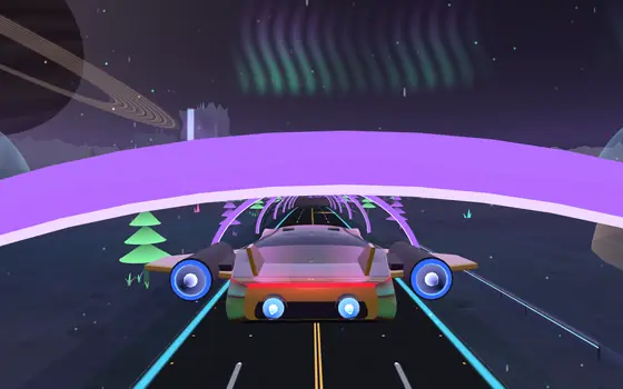 A gold hover car flying down a ringed road tunnel